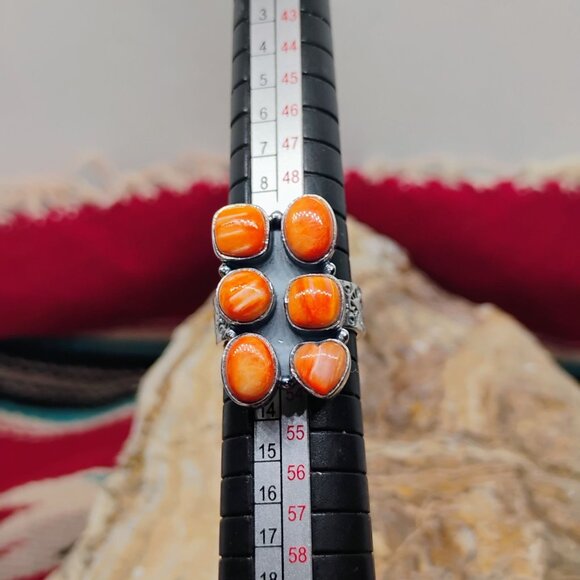 Southwest Sterling Silver Orange Spiny Oyster Shell Cluster Ring Size 6 Handmade - Picture 4 of 9
